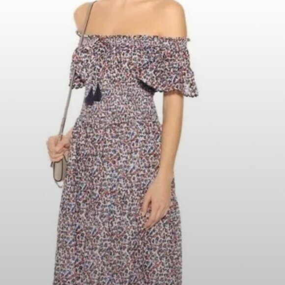 Tory Burch Wildflower Tiered Off Shoulder Smoked Navy Pipping Midi Dress S $498 - Picture 12 of 16